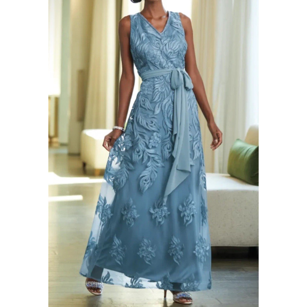 Ashro Dusty Blue Embroidered V-Neck Maxi with Sash Belt